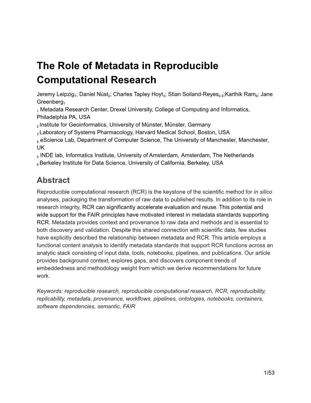 The Role of Metadata in Reproducible Computational Research