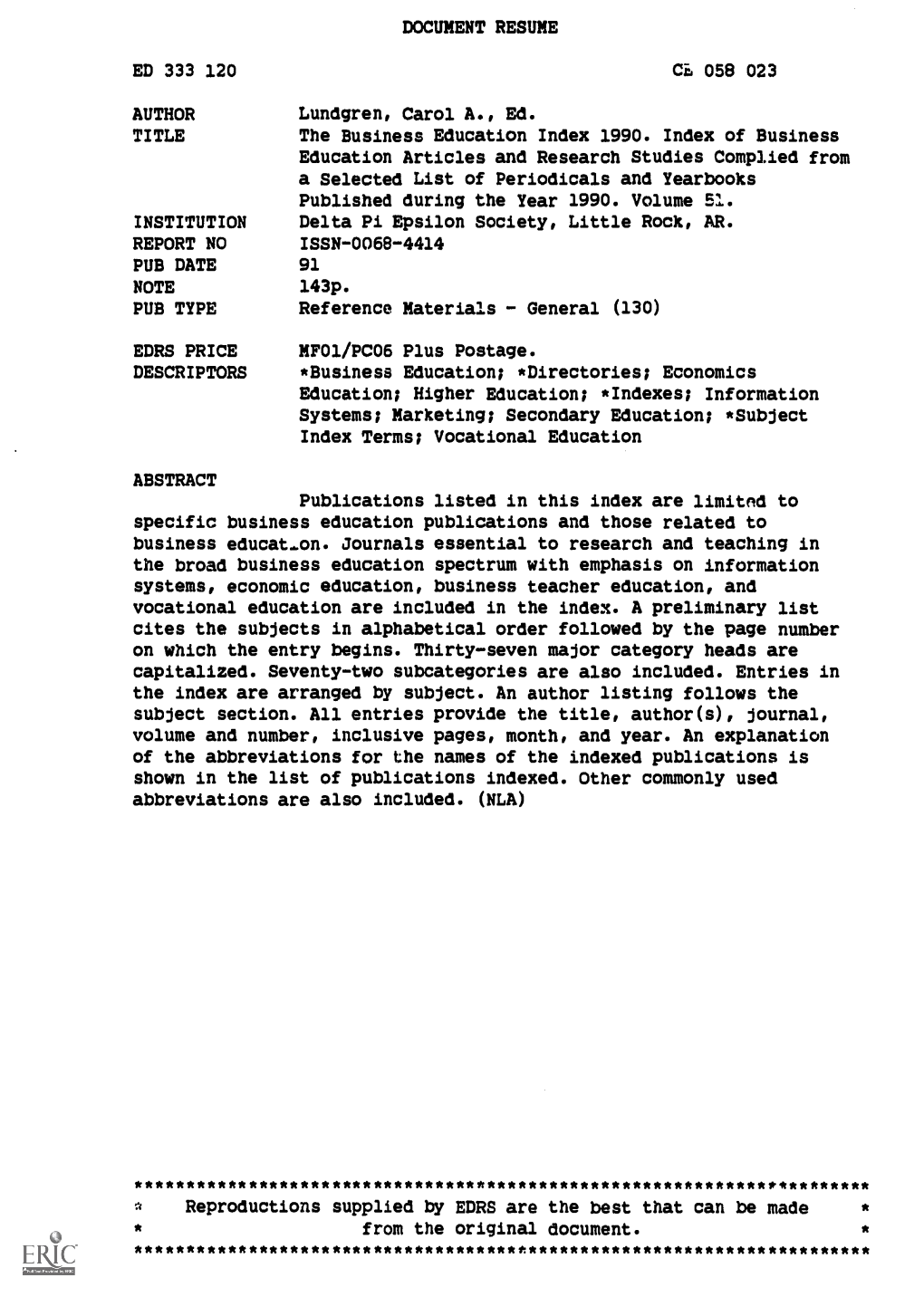 The Business Education Index 1990. Index of Business Education