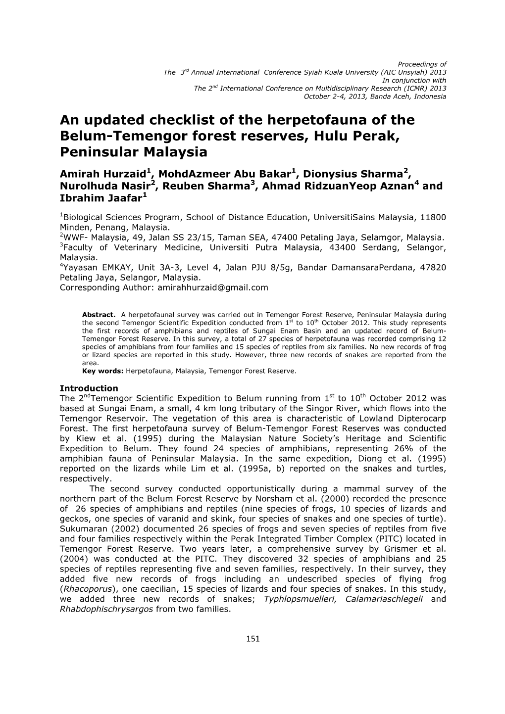 An Updated Checklist of the Herpetofauna of the Belum-Temengor Forest Reserves, Hulu Perak, Peninsular Malaysia