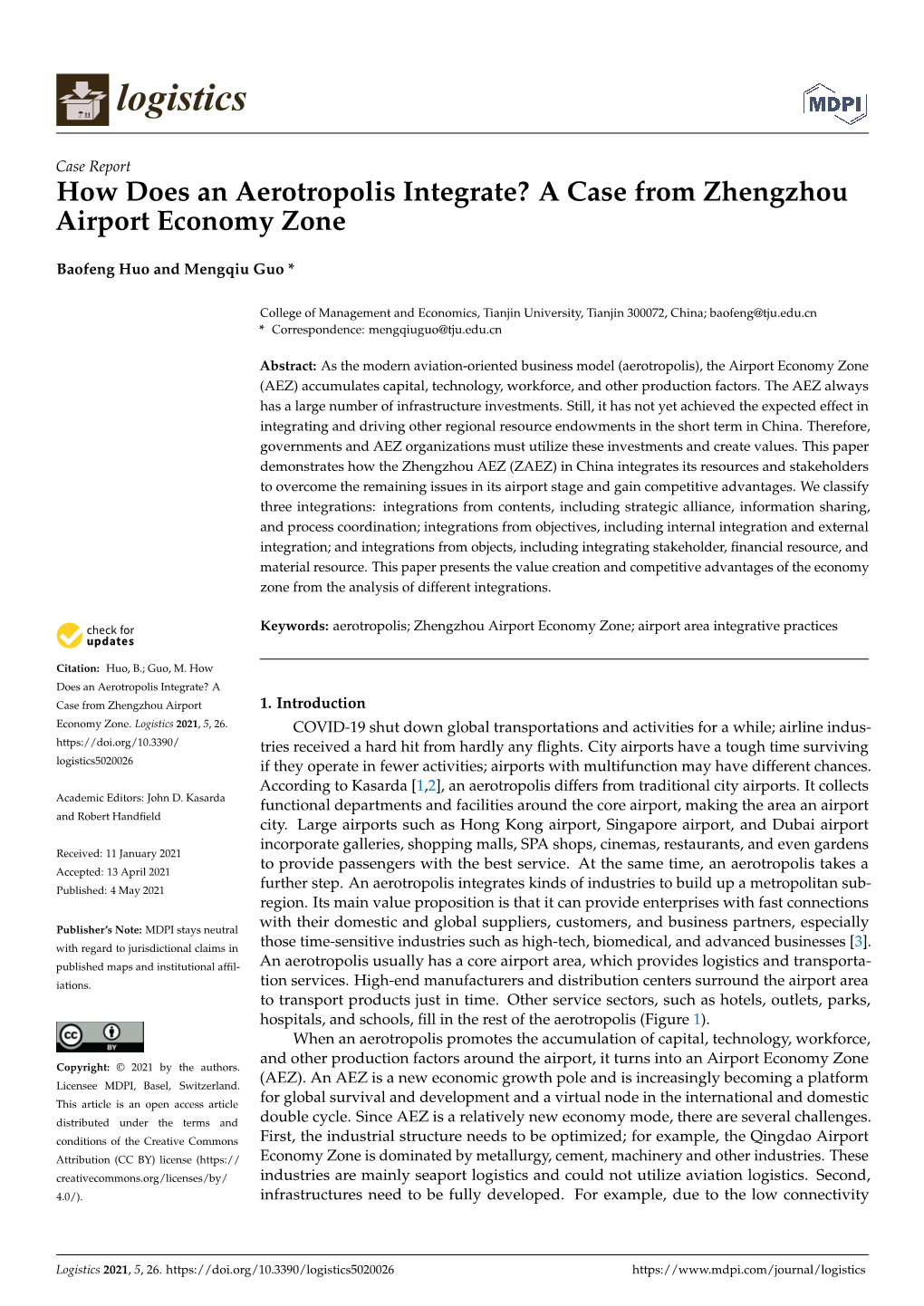 How Does an Aerotropolis Integrate? a Case from Zhengzhou Airport Economy Zone