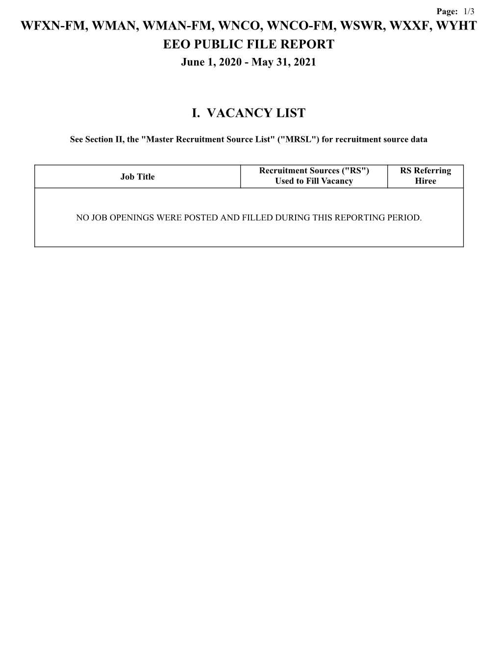 EEO PUBLIC FILE REPORT June 1, 2020 - May 31, 2021