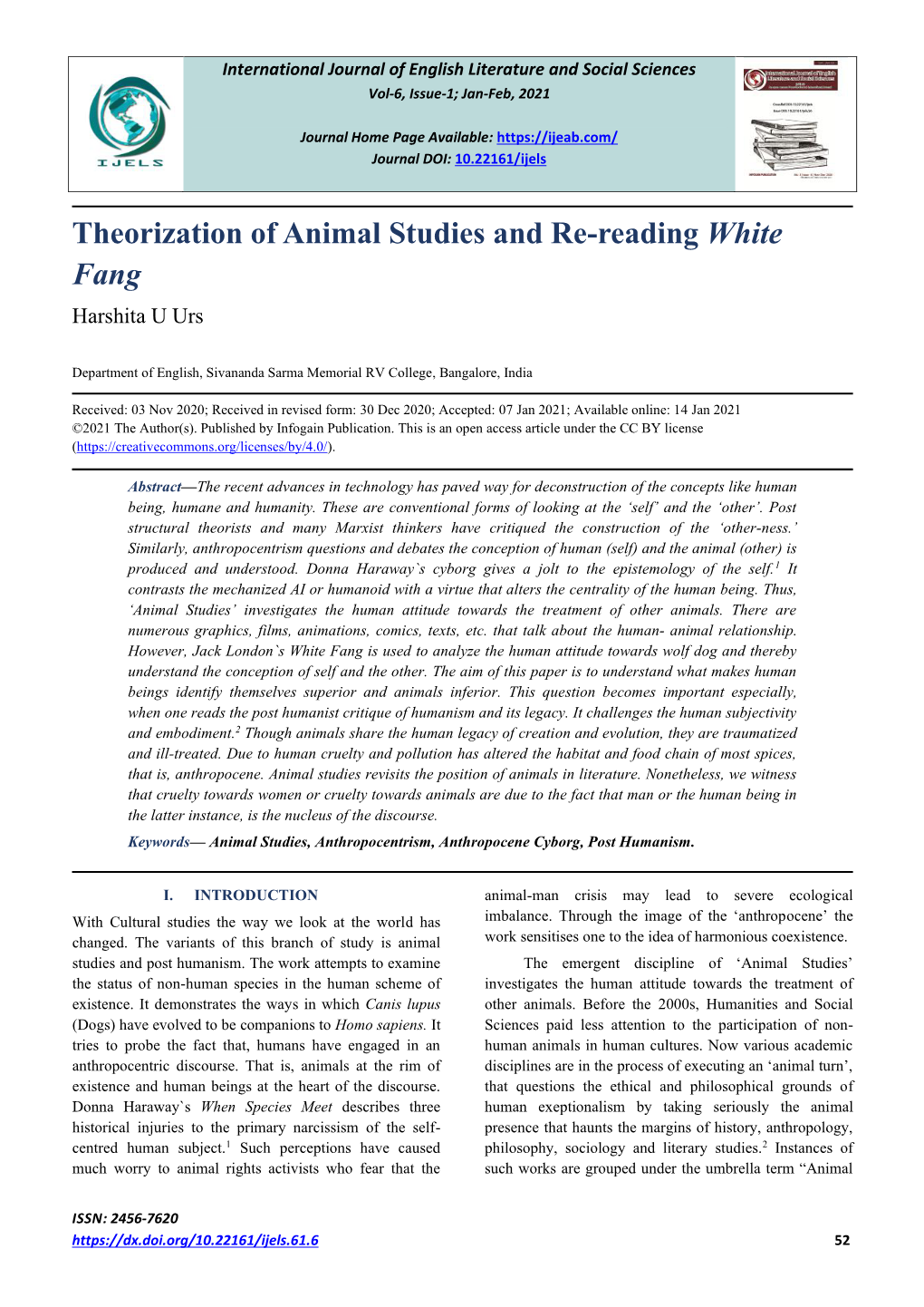 Theorization of Animal Studies and Re-Reading White Fang Harshita U Urs