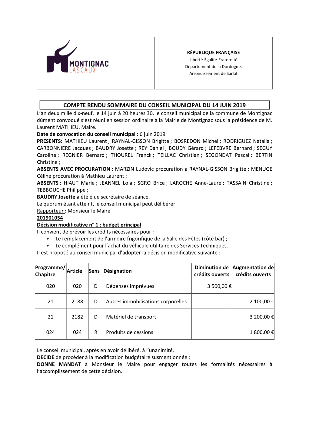 Compte Rendu Sommaire Du Conseil Municipal Du 14 Juin