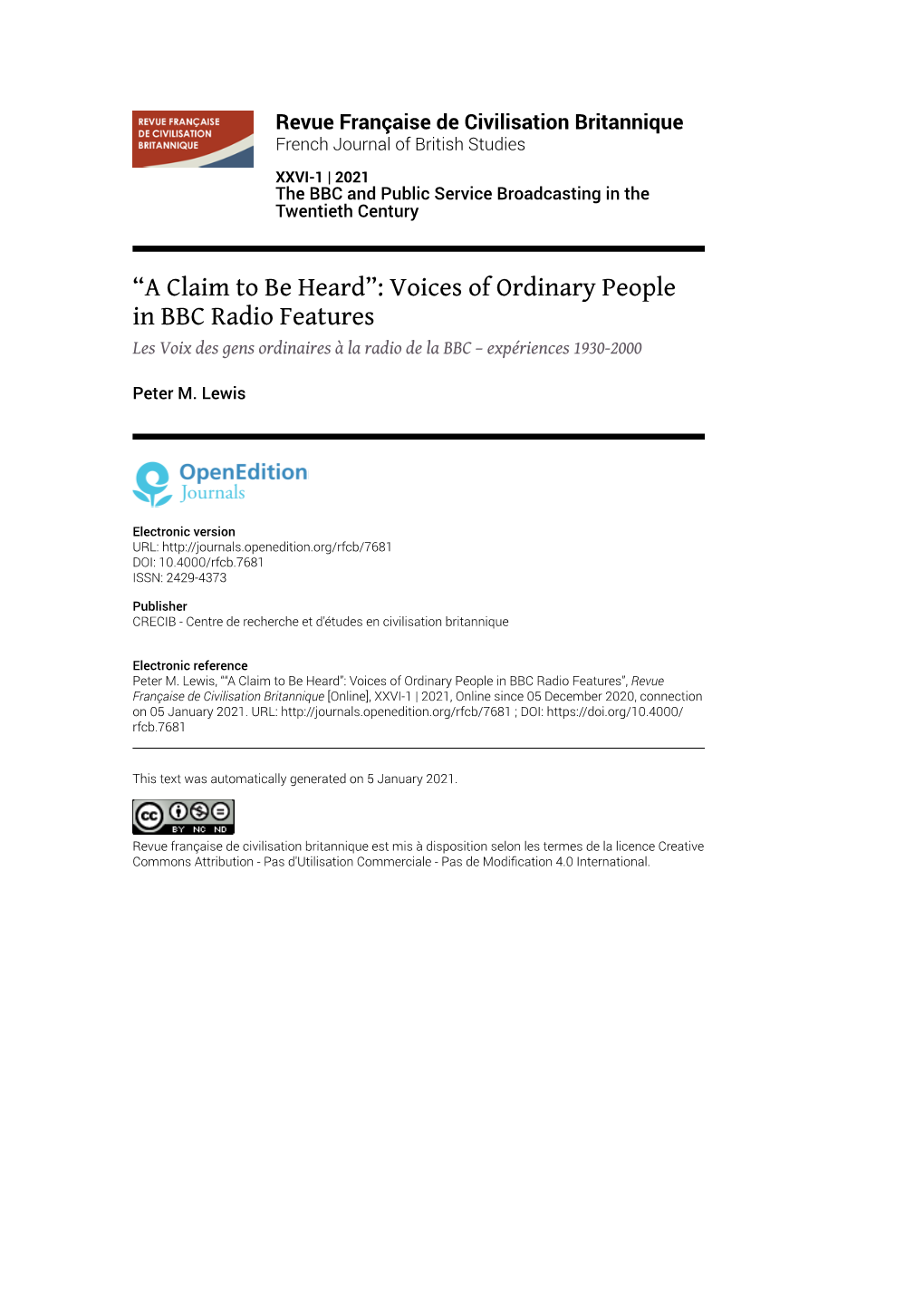 Revue Française De Civilisation Britannique, XXVI-1 | 2021 “A Claim to Be Heard”: Voices of Ordinary People in BBC Radio Features 2