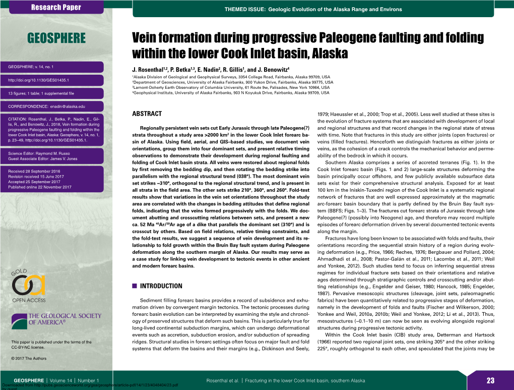 Vein Formation During Progressive Paleogene Faulting and Folding Within the Lower Cook Inlet Basin, Alaska GEOSPHERE; V