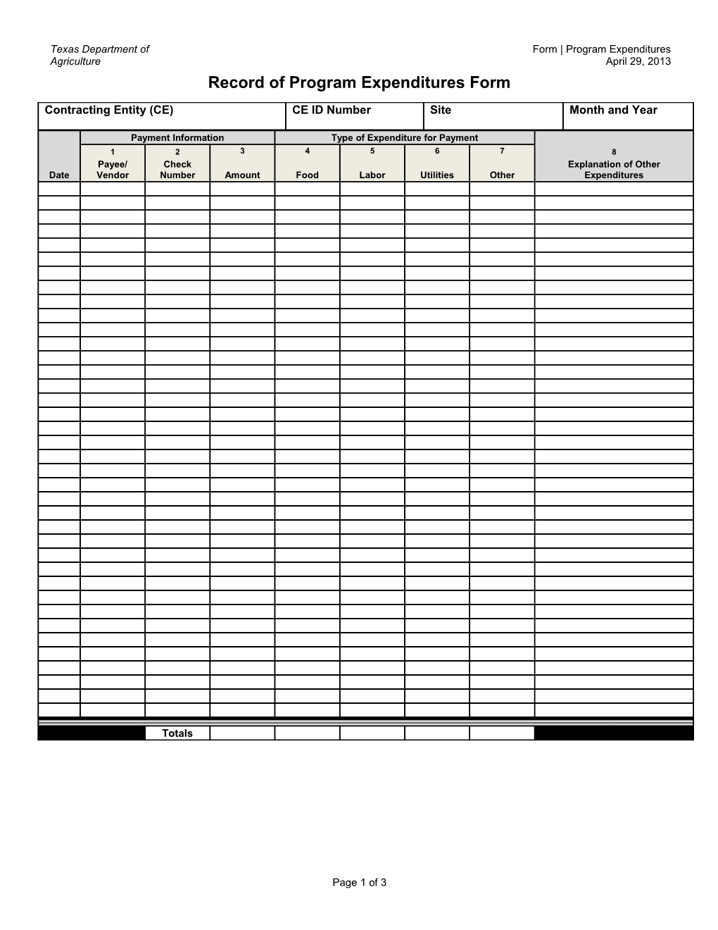 Record of Program Expenditures Form