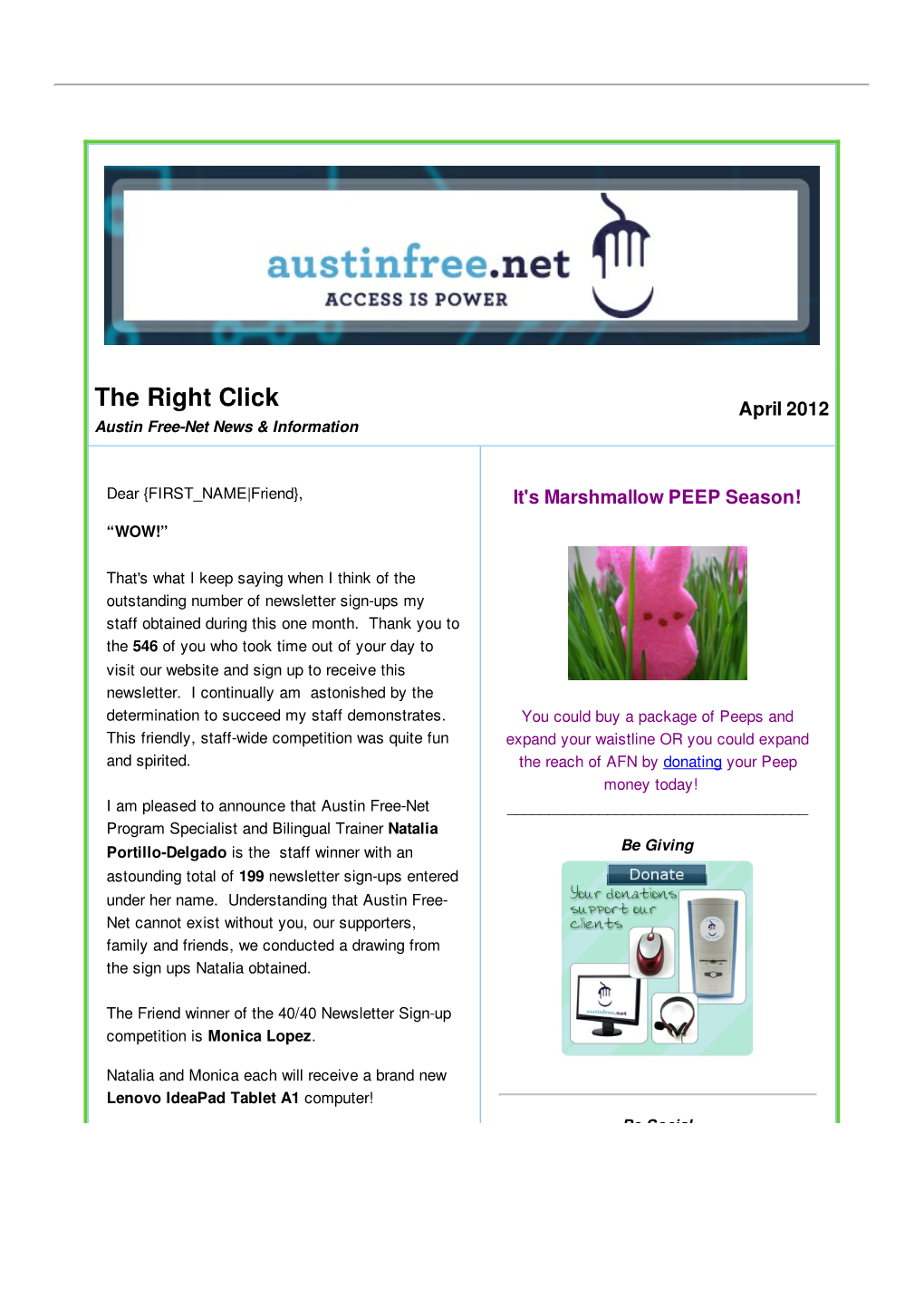 April 2012 Austin Free-Net News & Information