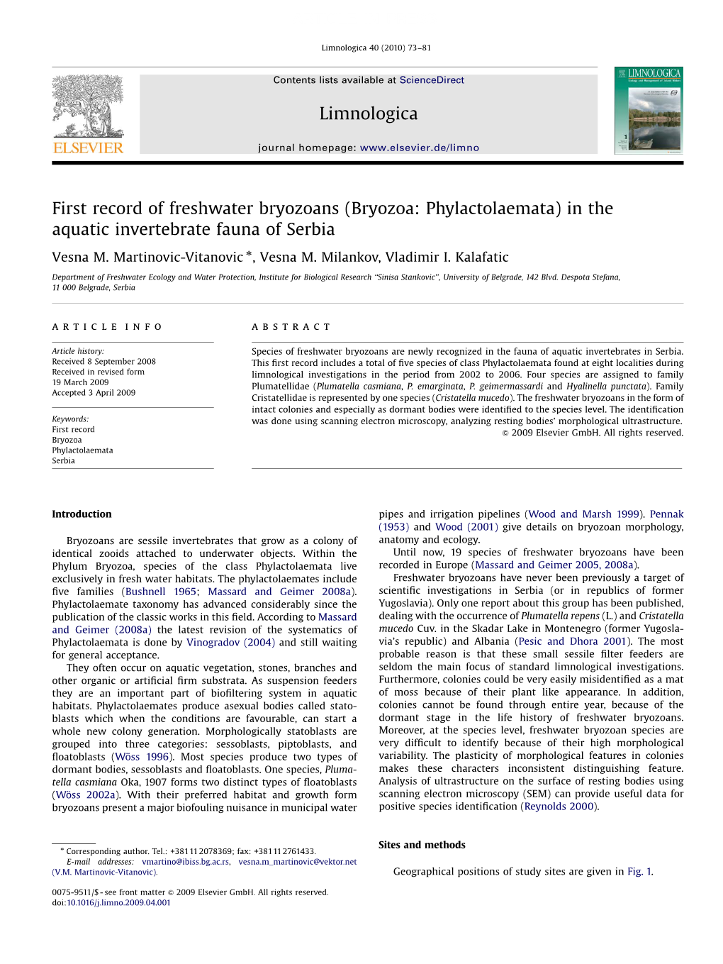 (Bryozoa Phylactolaemata) in the Aquatic Invertebrate Fauna of Serbia