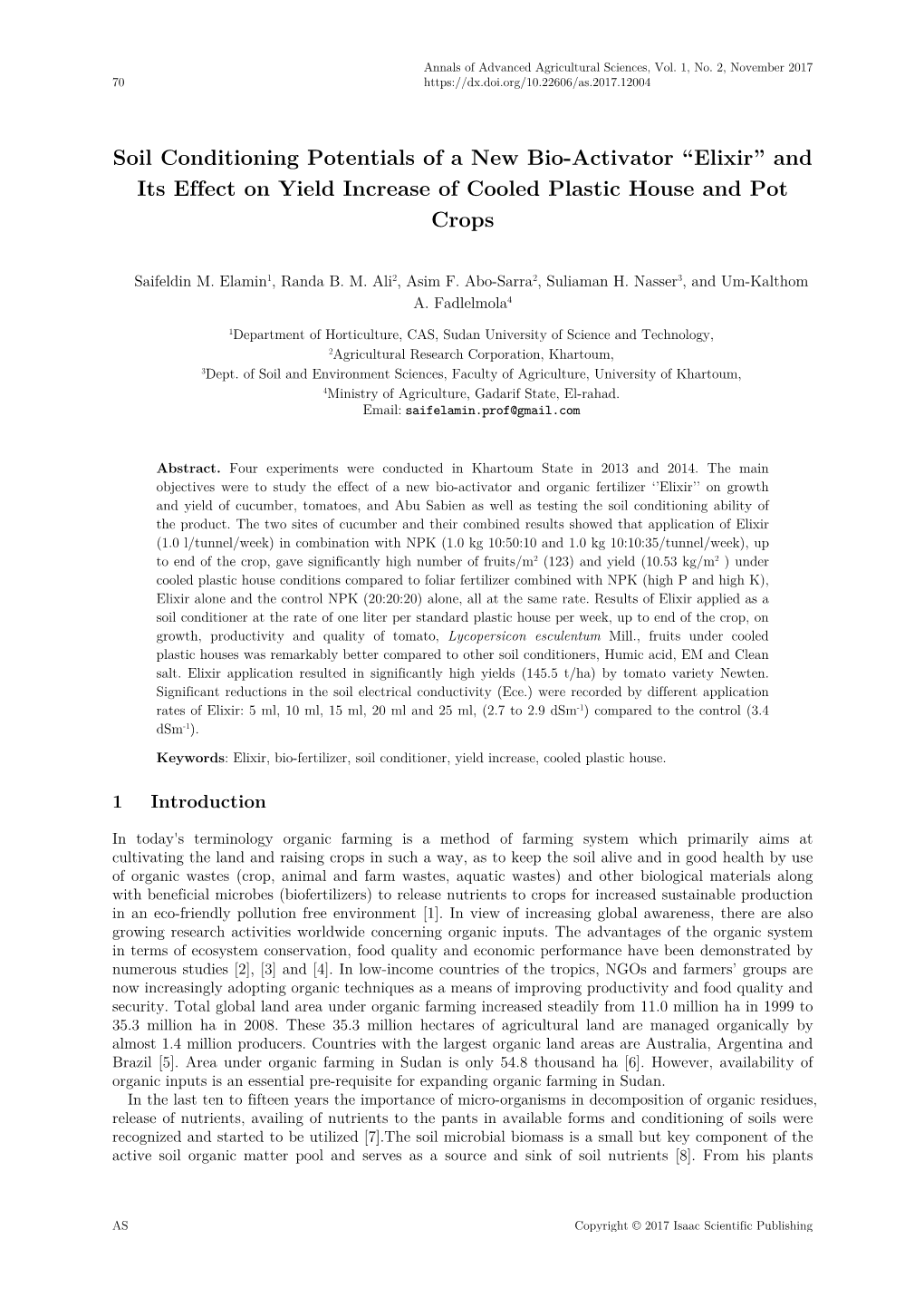 Soil Conditioning Potentials of a New Bio-Activator “Elixir” and Its Effect on Yield Increase of Cooled Plastic House and Pot Crops