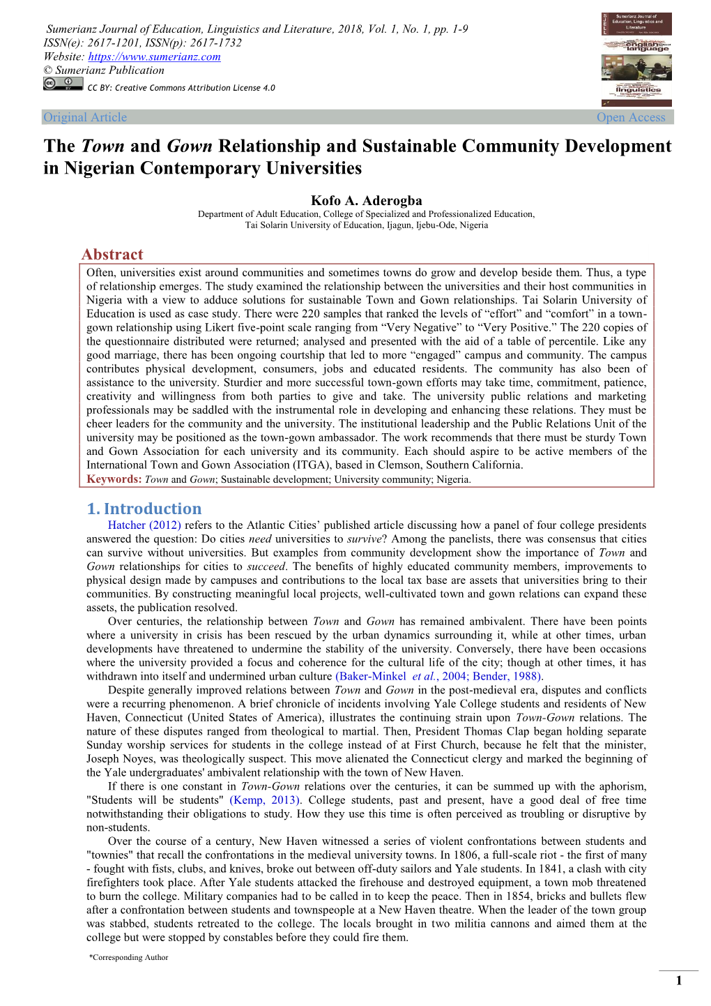 The Town and Gown Relationship and Sustainable Community Development in Nigerian Contemporary Universities