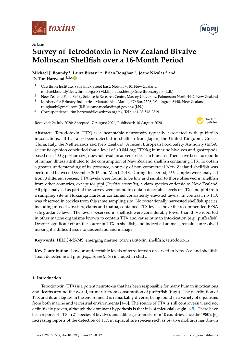 Survey of Tetrodotoxin in New Zealand Bivalve Molluscan Shellﬁsh Over a 16-Month Period