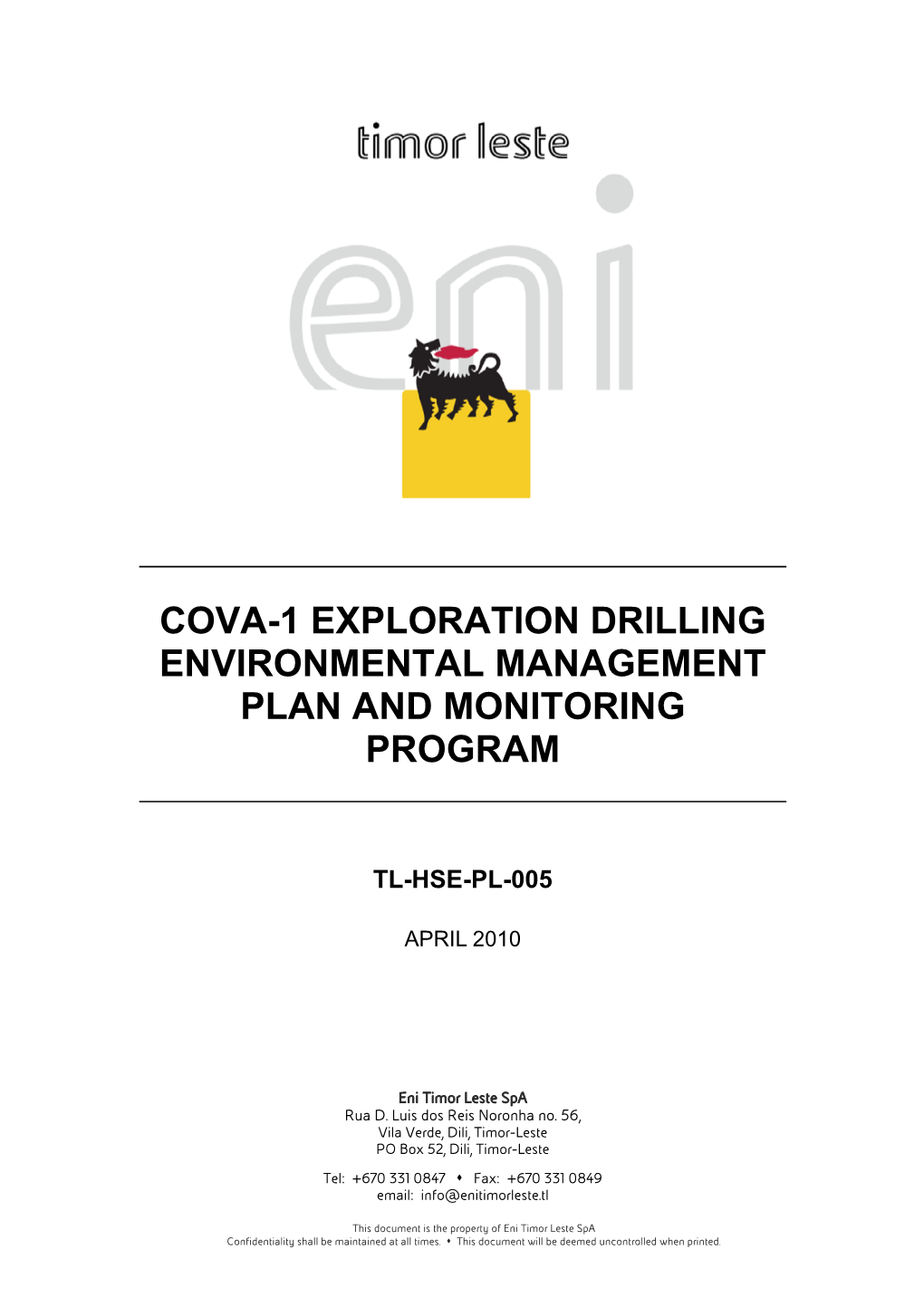 Cova-1 Exploration Drilling Environmental Management Plan and Monitoring Program