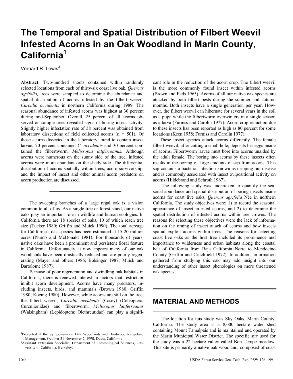 The Temporal and Spatial Distribution of Filbert Weevil Infested Acorns in an Oak Woodland in Marin County, California1