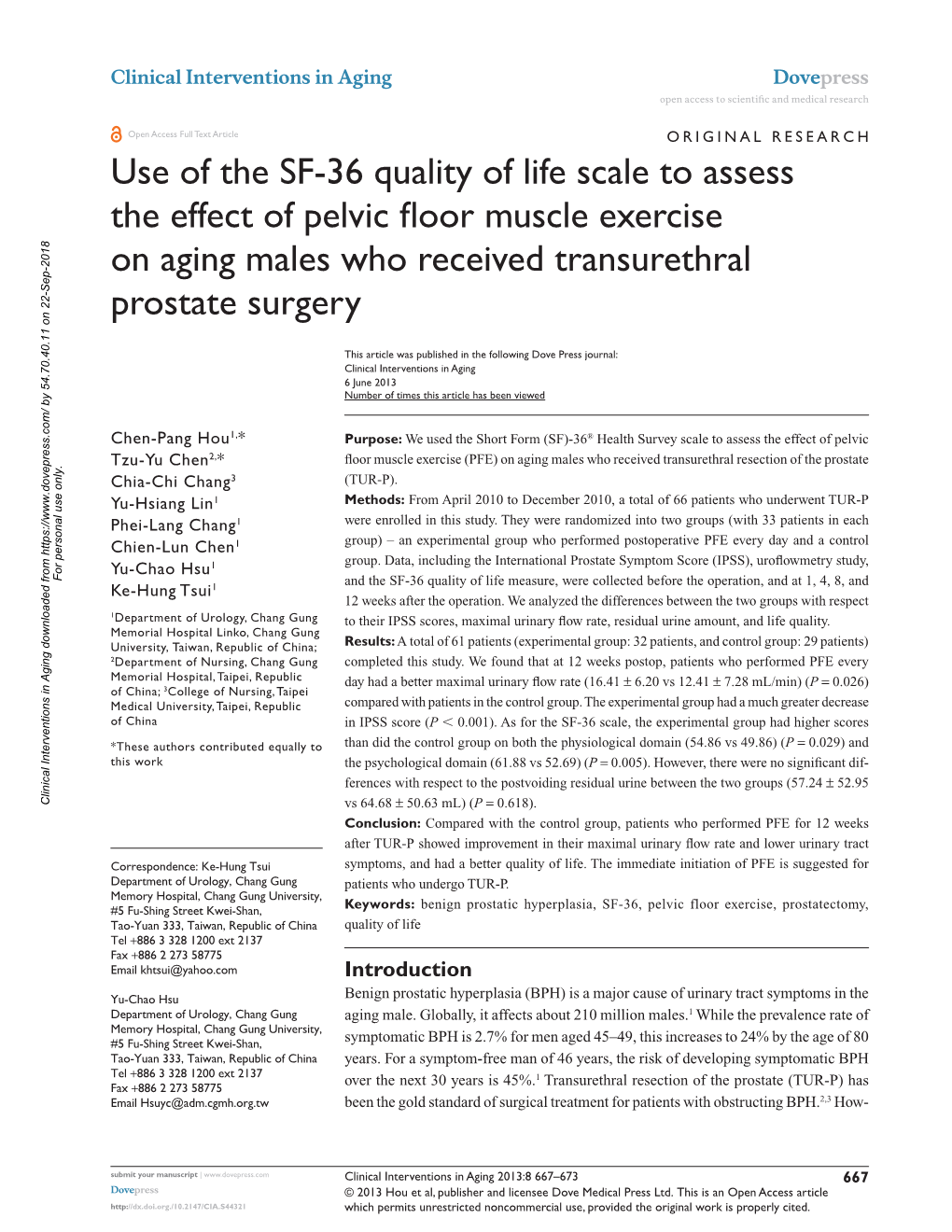 Use of the SF-36 Quality of Life Scale to Assess the Effect of Pelvic Floor Muscle Exercise on Aging Males Who Received Transurethral Prostate Surgery