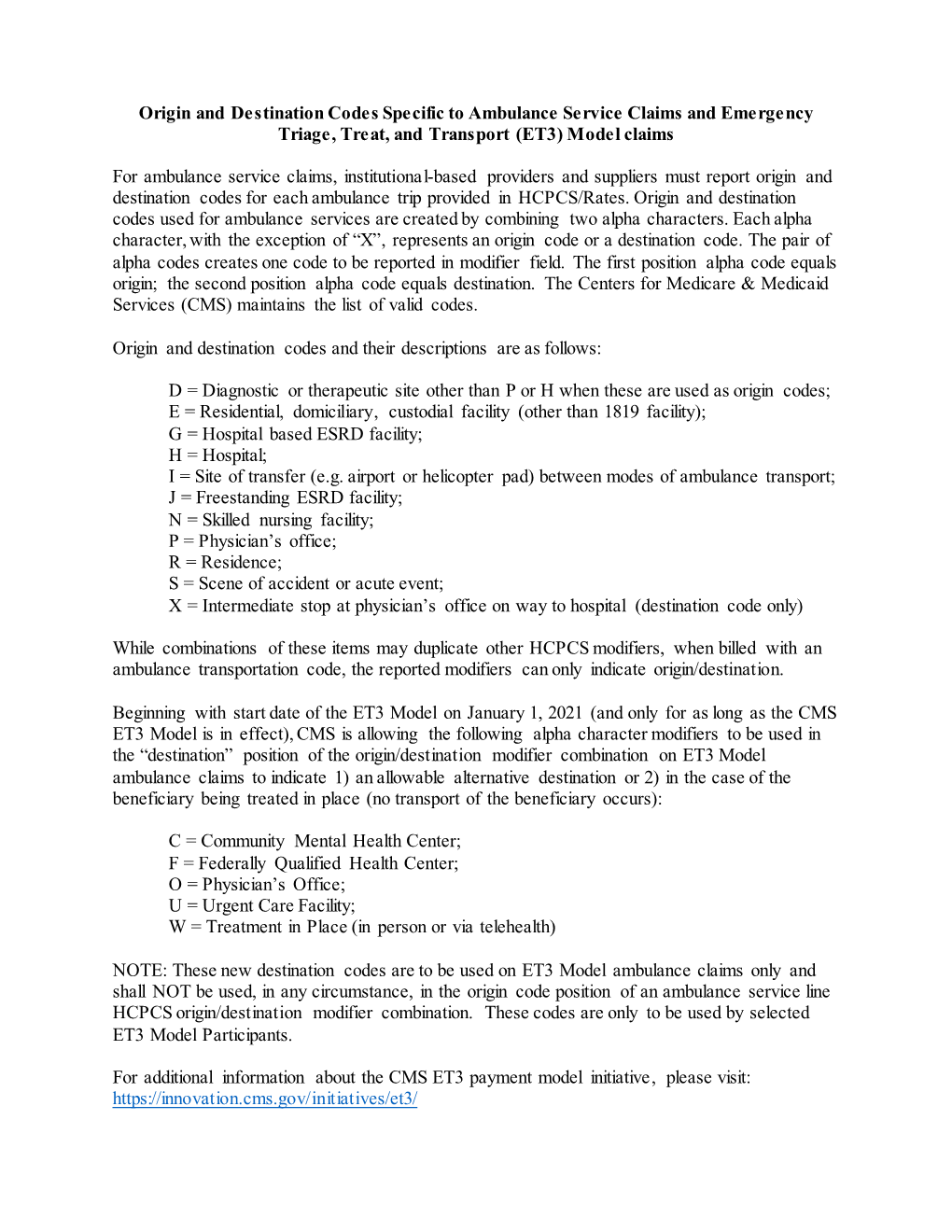 Origin and Destination Codes Specific to Ambulance Service Claims and Emergency Triage, Treat, and Transport (ET3) Model Claims