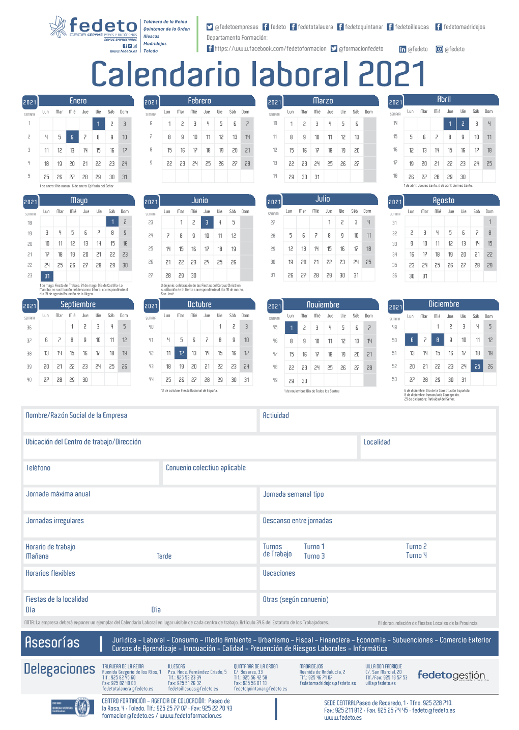 Fedeto Calendario Laboral 2021