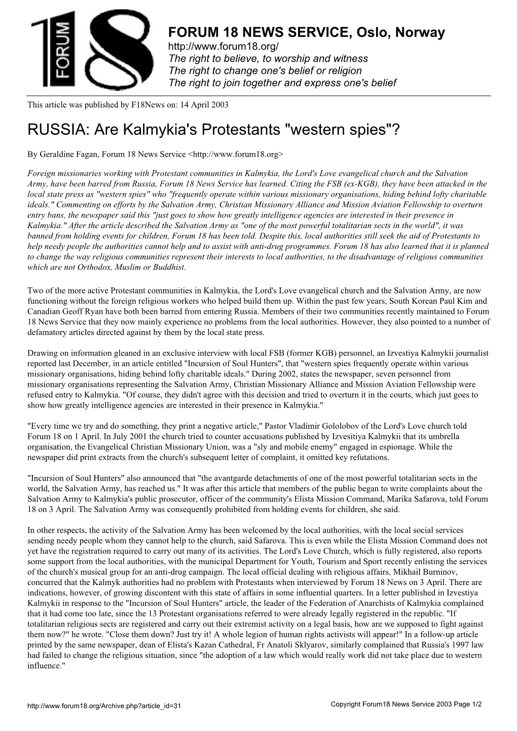 Are Kalmykia's Protestants "Western Spies"?