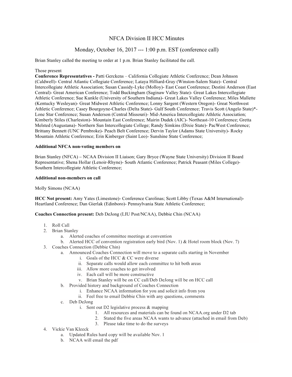 NFCA Division II HCC Minutes Monday, October 16, 2017 --- 1:00 P.M