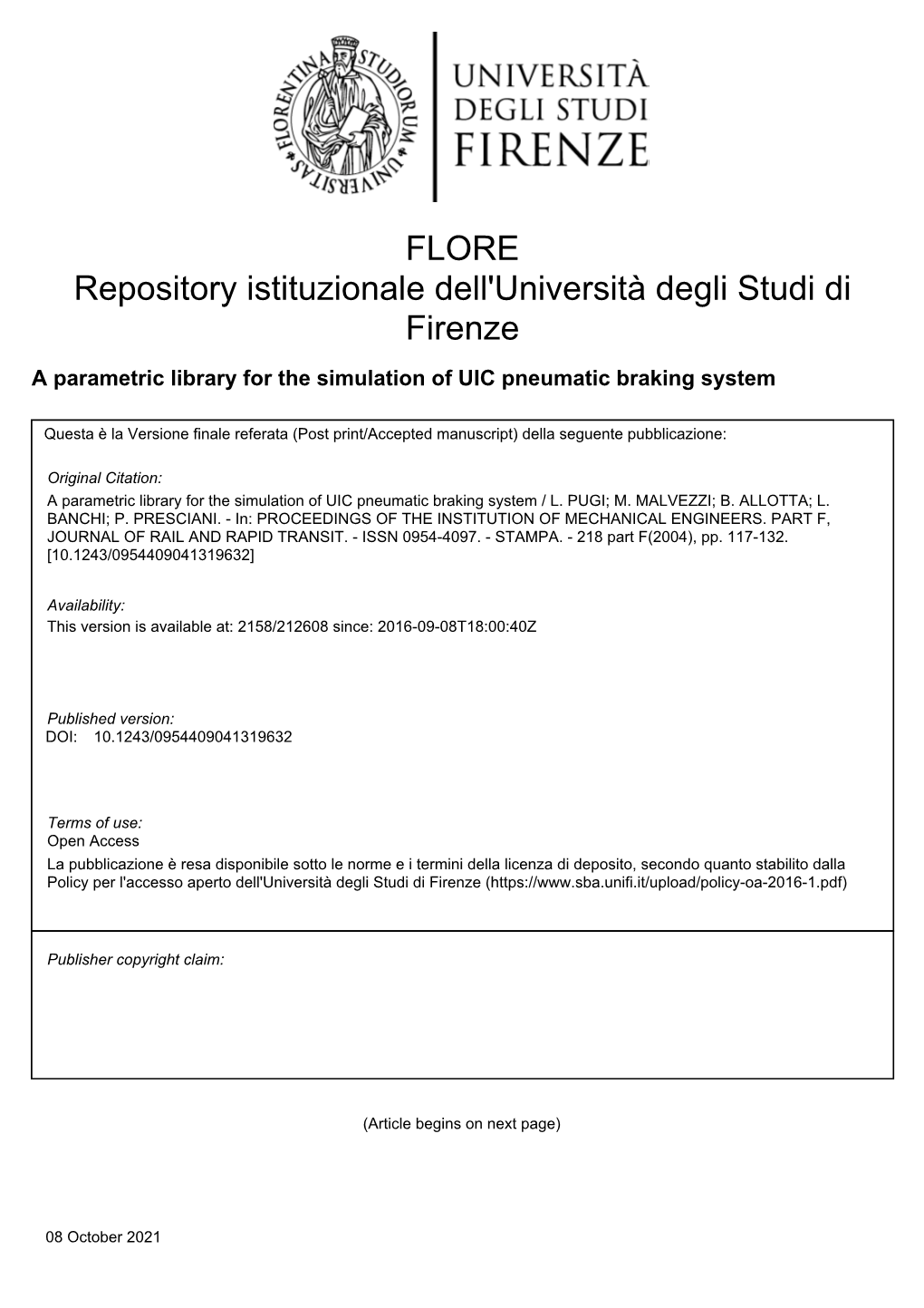 A Parametric Library for the Simulation of a Union Internationale Des Chemins De Fer (UIC) Pneumatic Braking System