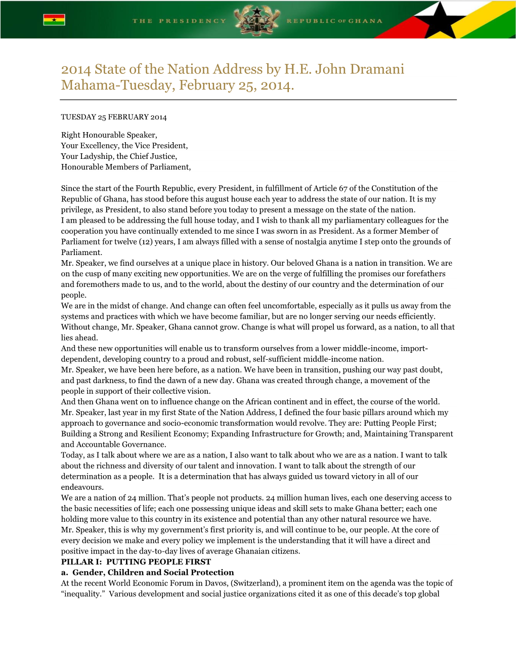 2014 State of the Nation Address by H.E. John Dramani Mahama-Tuesday, February 25, 2014