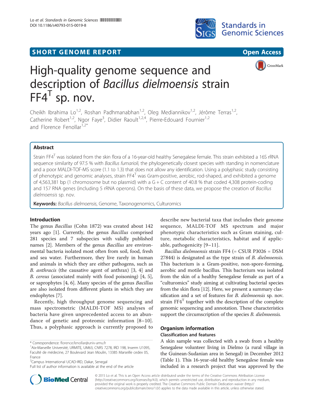 High-Quality Genome Sequence and Description of Bacillus Dielmoensis Strain FF4 Sp. Nov