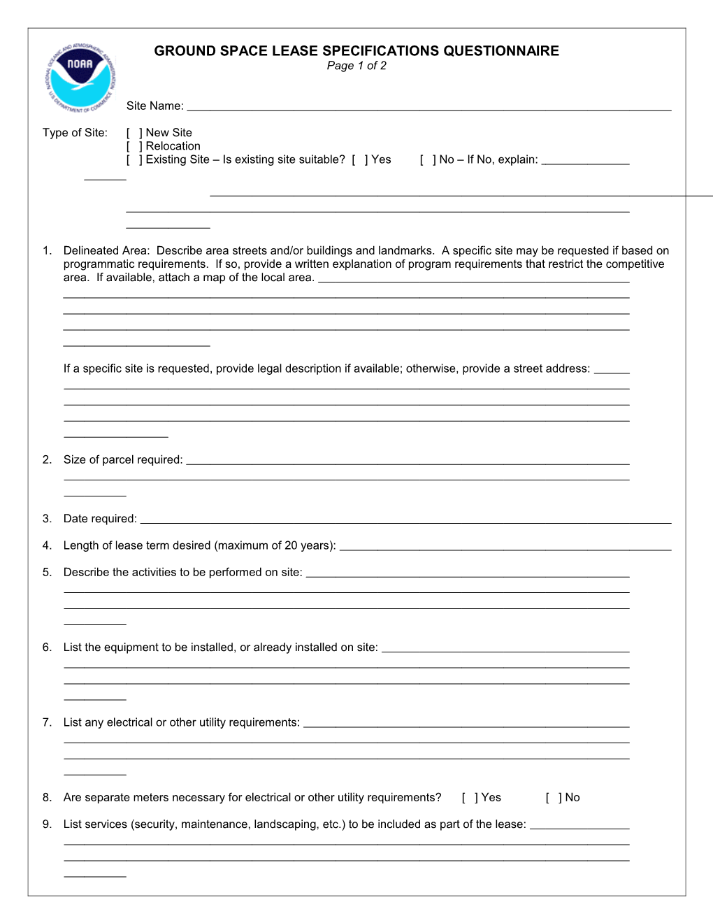 Ground Space Lease Specifications Questionnaire