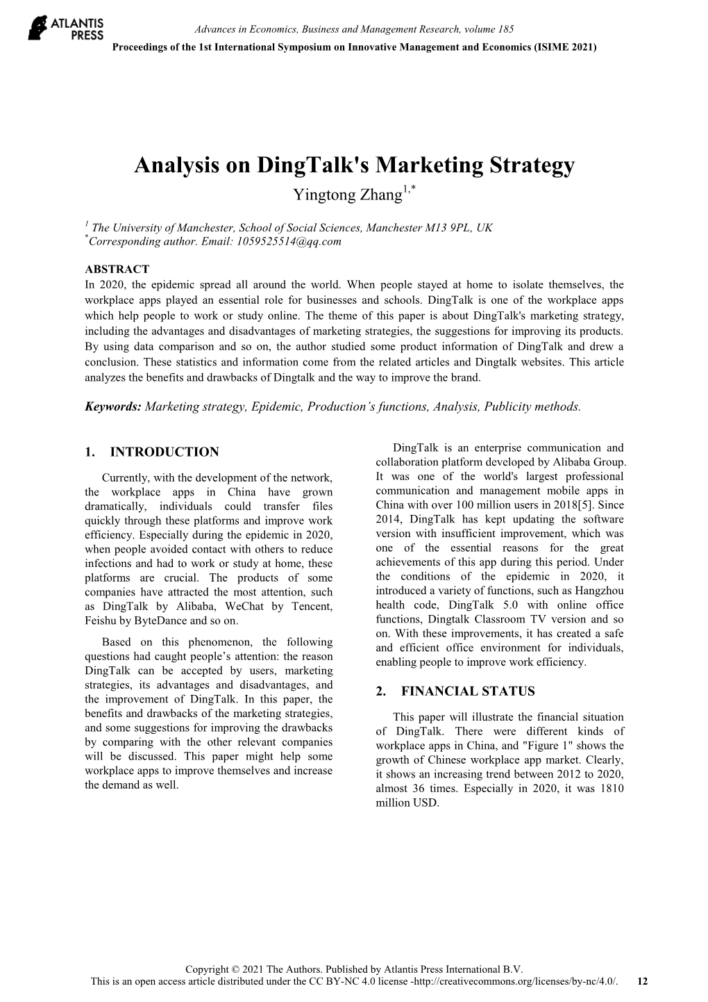 Analysis on Dingtalk's Marketing Strategy Yingtong Zhang1,*