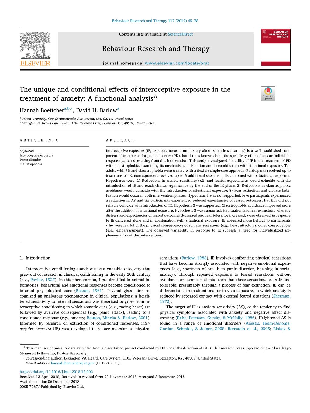 The Unique and Conditional Effects of Interoceptive Exposure in the ☆ T Treatment of Anxiety: a Functional Analysis ∗ Hannah Boettchera,B, , David H