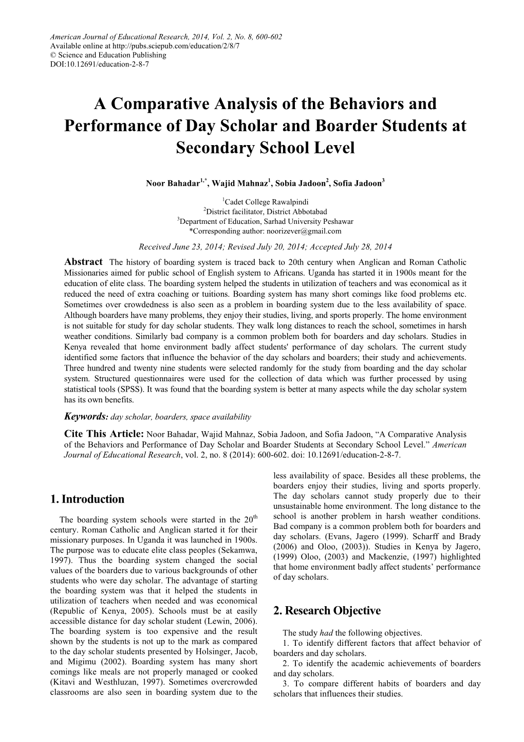 A Comparative Analysis of the Behaviors and Performance of Day Scholar and Boarder Students at Secondary School Level
