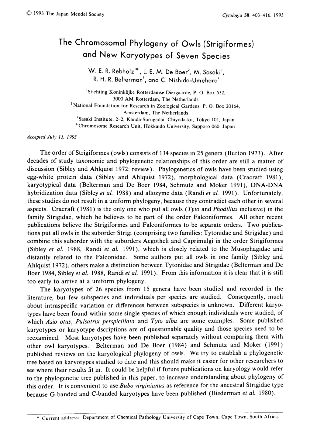 The Chromosomal Phylogeny of Owls (Strigiformes) and New Karyotypes of Seven Species W