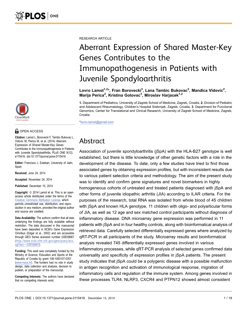 Aberrant Expression of Shared Master-Key Genes Contributes to the Immunopathogenesis in Patients with Juvenile Spondyloarthritis