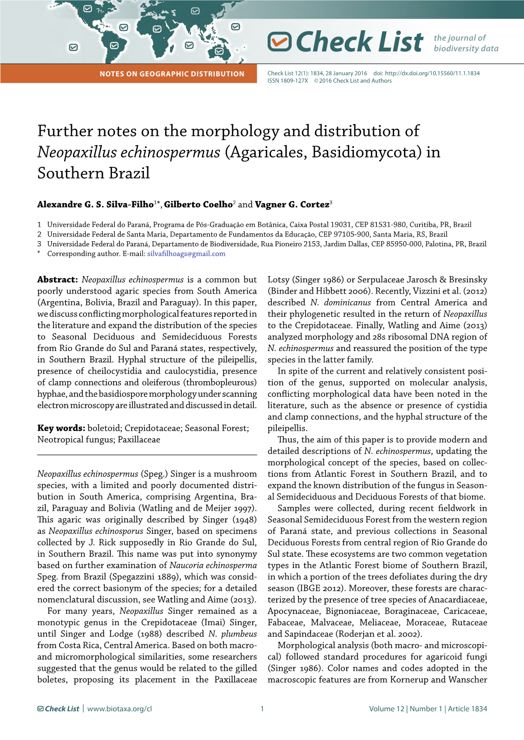 Further Notes on the Morphology and Distribution of Neopaxillus Echinospermus (Agaricales, Basidiomycota) in Southern Brazil