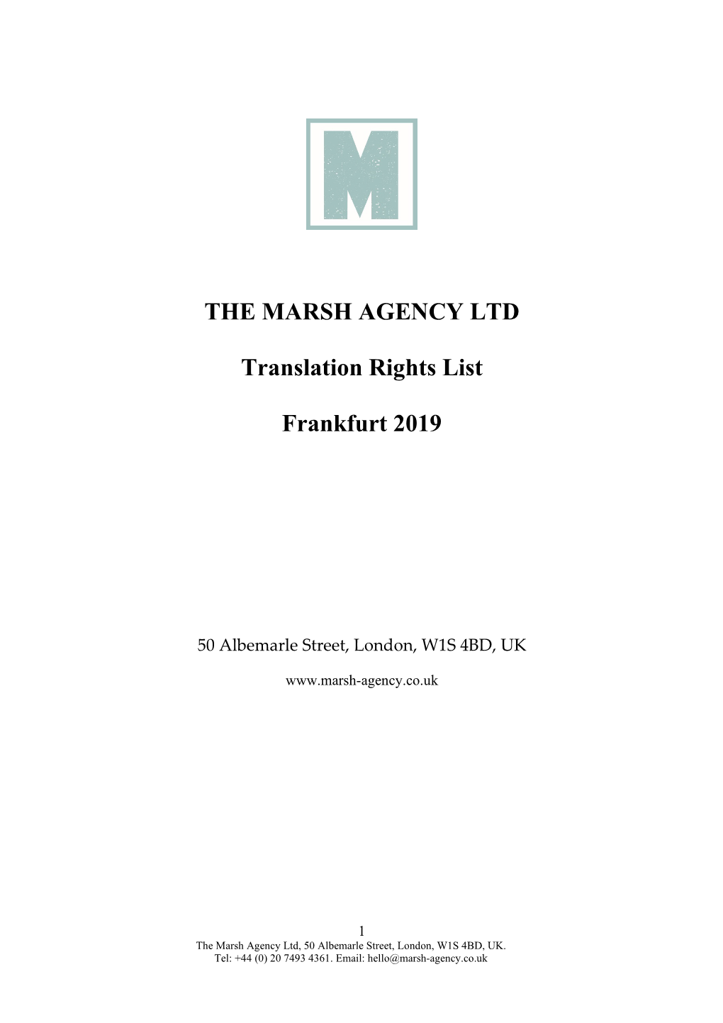 THE MARSH AGENCY LTD Translation Rights List Frankfurt 2019