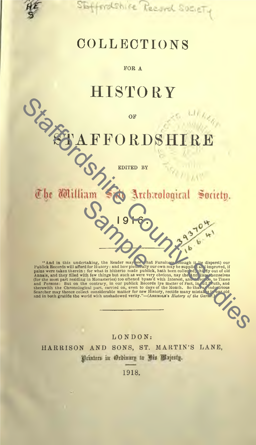 Collections for a History of Staffordshire, 1916