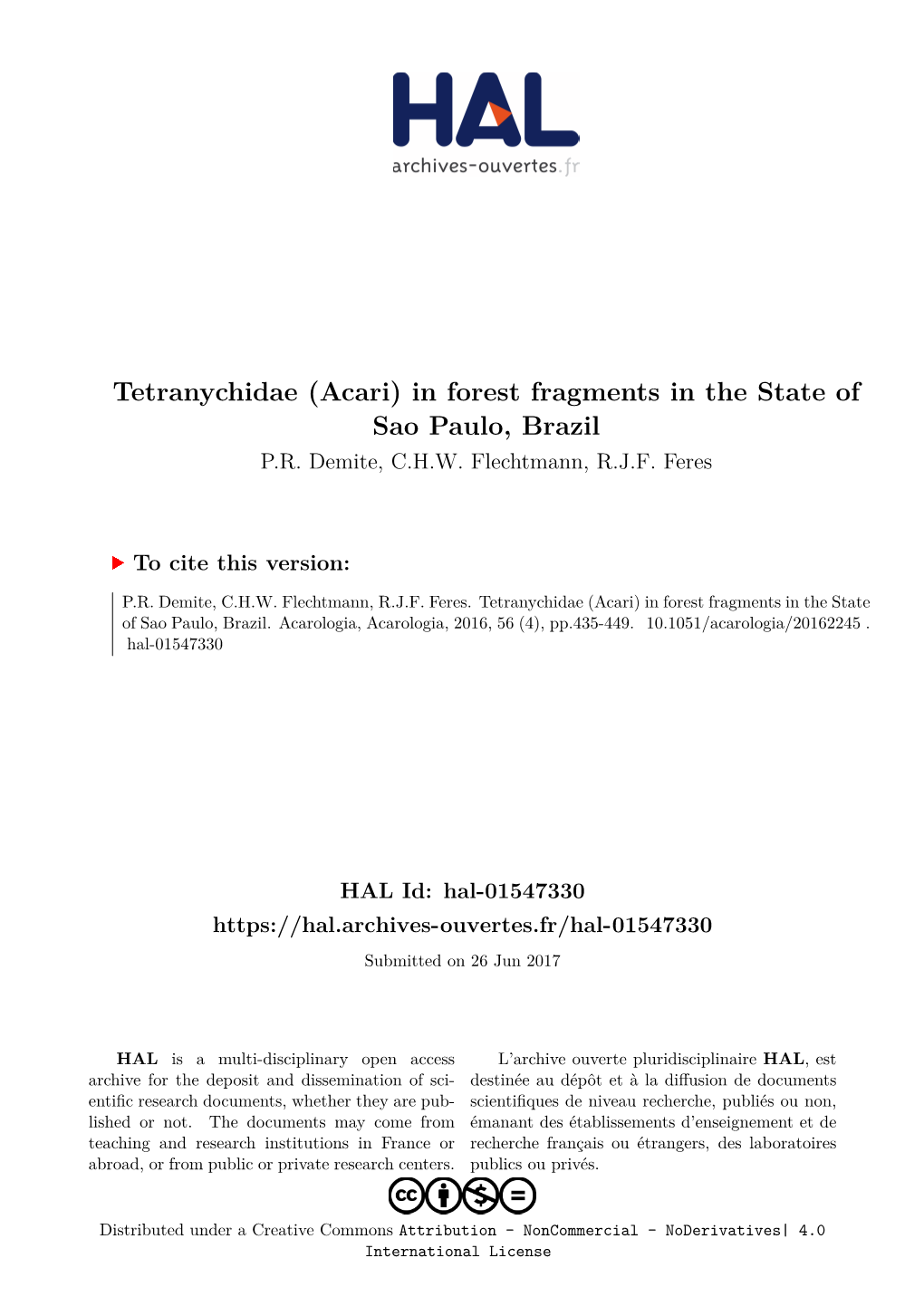 Tetranychidae (Acari) in Forest Fragments in the State of Sao Paulo, Brazil P.R