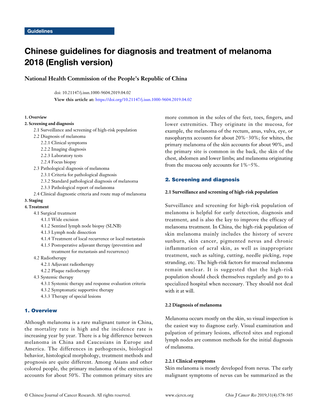 Chinese Guidelines for Diagnosis and Treatment of Melanoma 2018 (English Version)