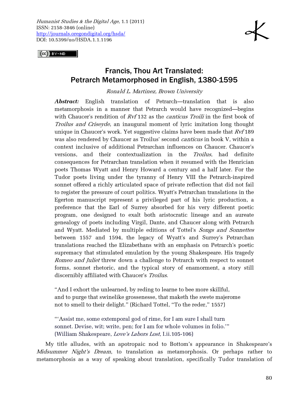 Francis, Thou Art Translated: Petrarch Metamorphosed in English, 1380-1595 Ronald L