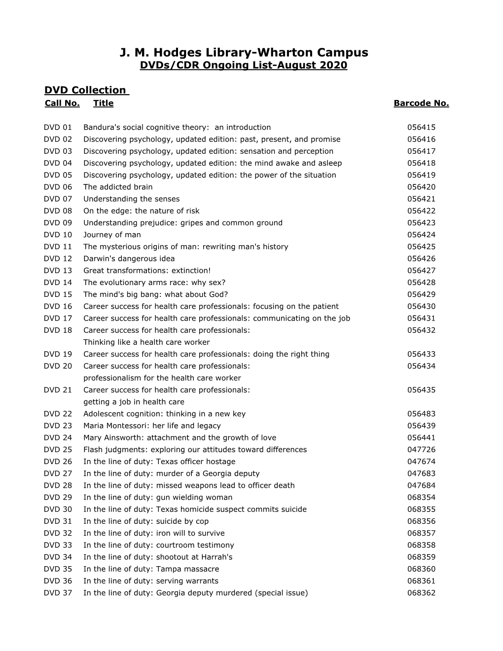 J. M. Hodges Library-Wharton Campus Dvds/CDR Ongoing List-August 2020