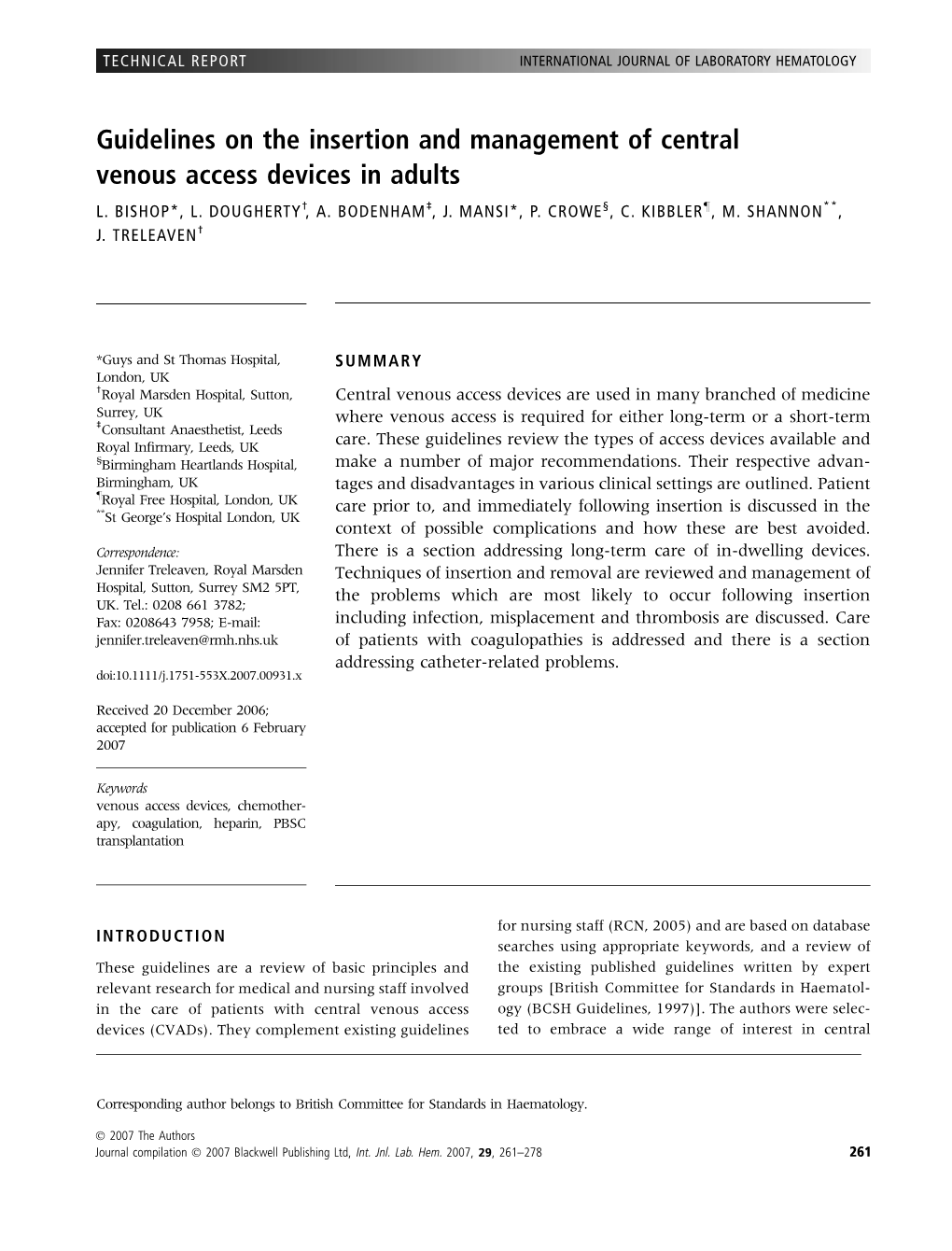 Guidelines on the Insertion and Management of Central Venous Access Devices in Adults L