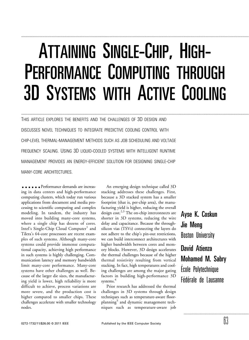 Performance Computing Through 3D Systems with Active Cooling