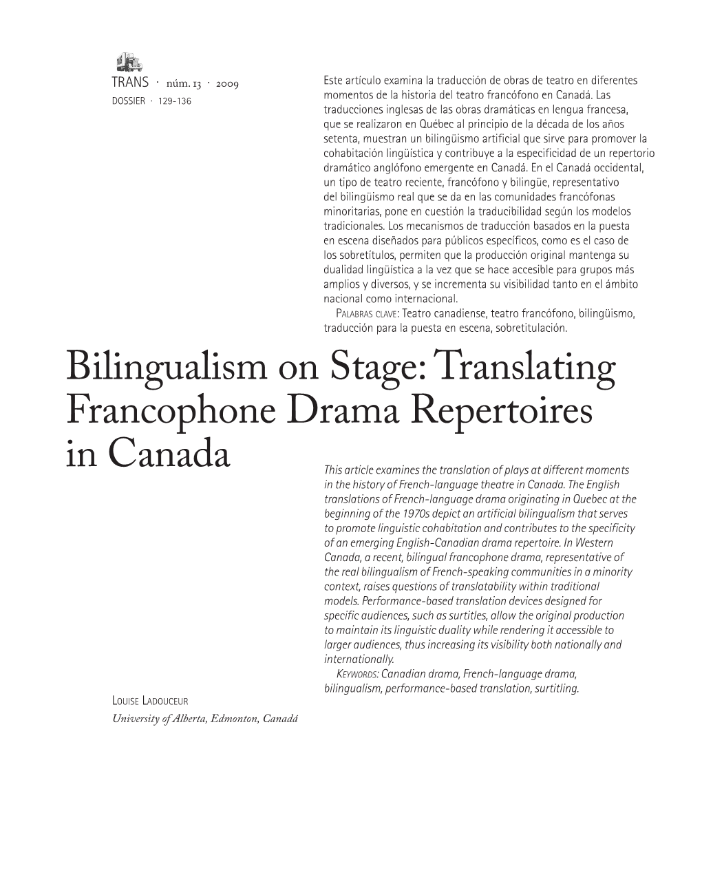 Bilingualism on Stage: Translating Francophone Drama Repertoires