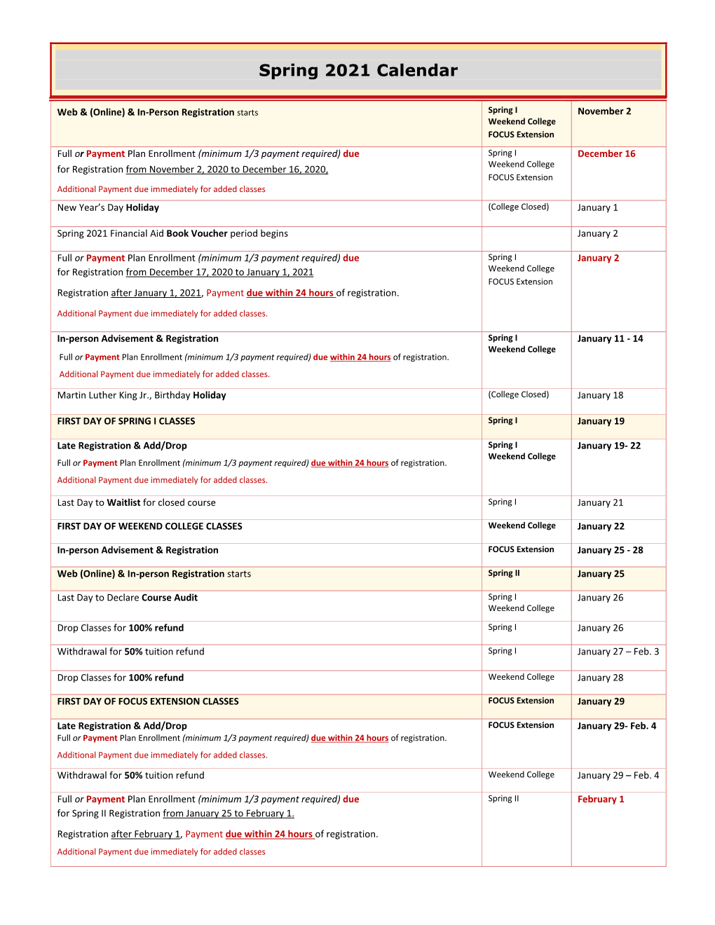 Spring 2021 Calendar