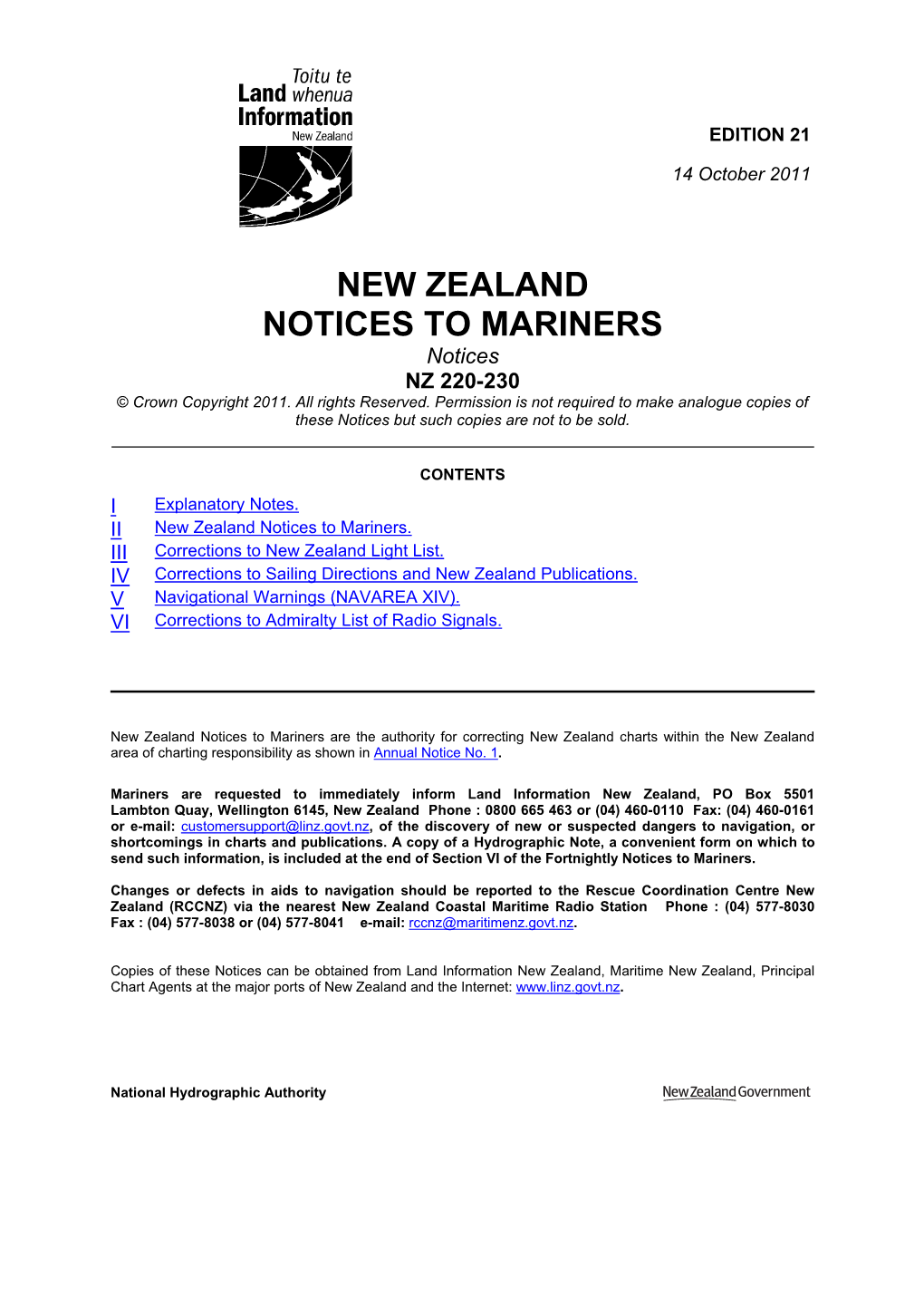 NEW ZEALAND NOTICES to MARINERS Notices NZ 220-230 © Crown Copyright 2011