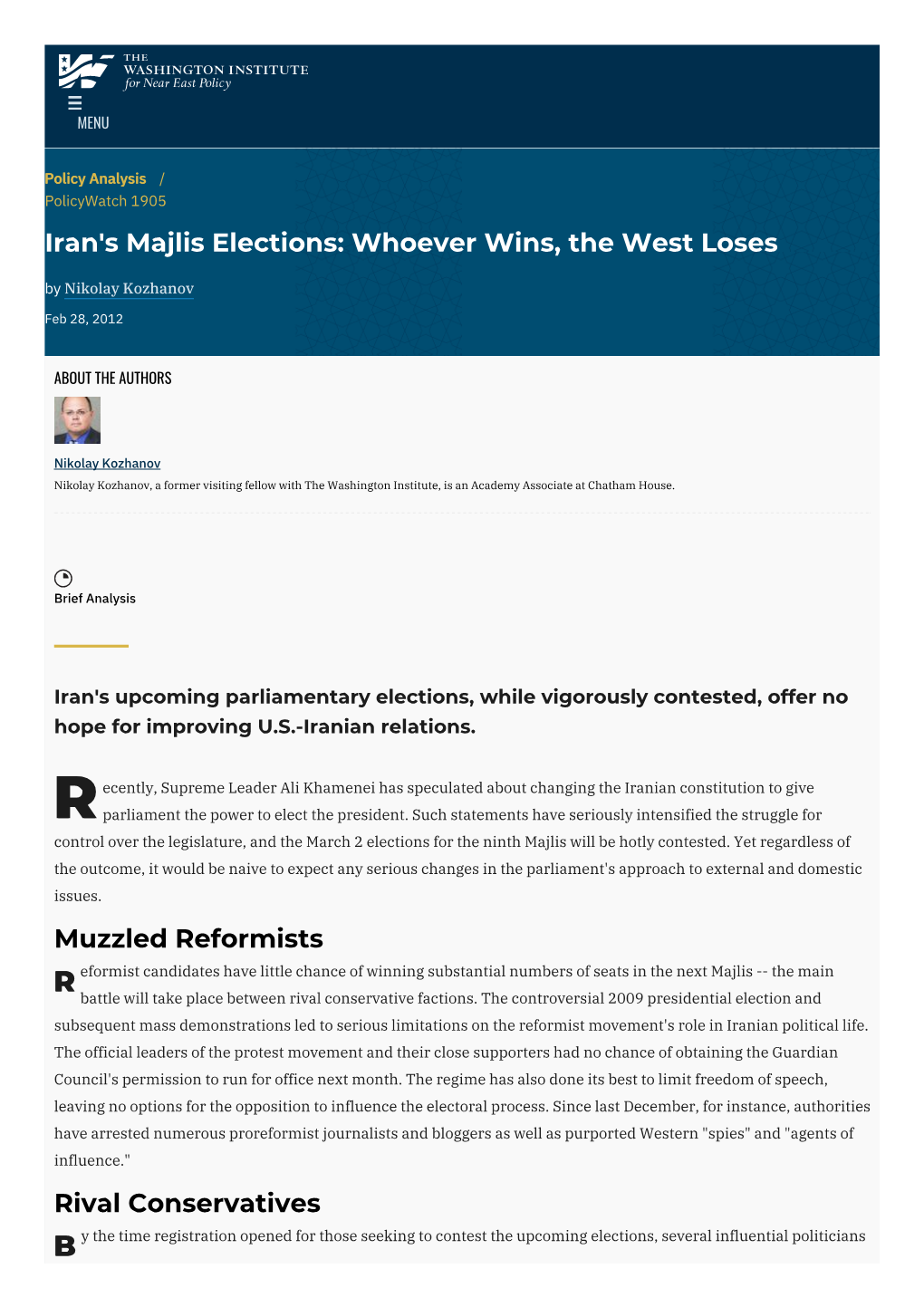 Iran's Majlis Elections: Whoever Wins, the West Loses by Nikolay Kozhanov