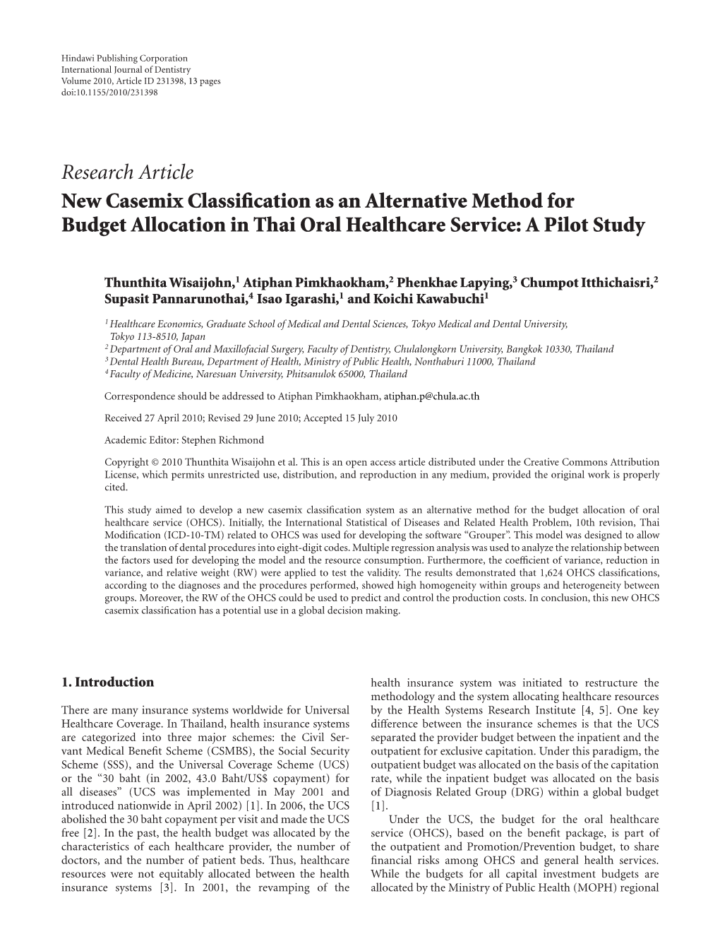 Research Article New Casemix Classification As An