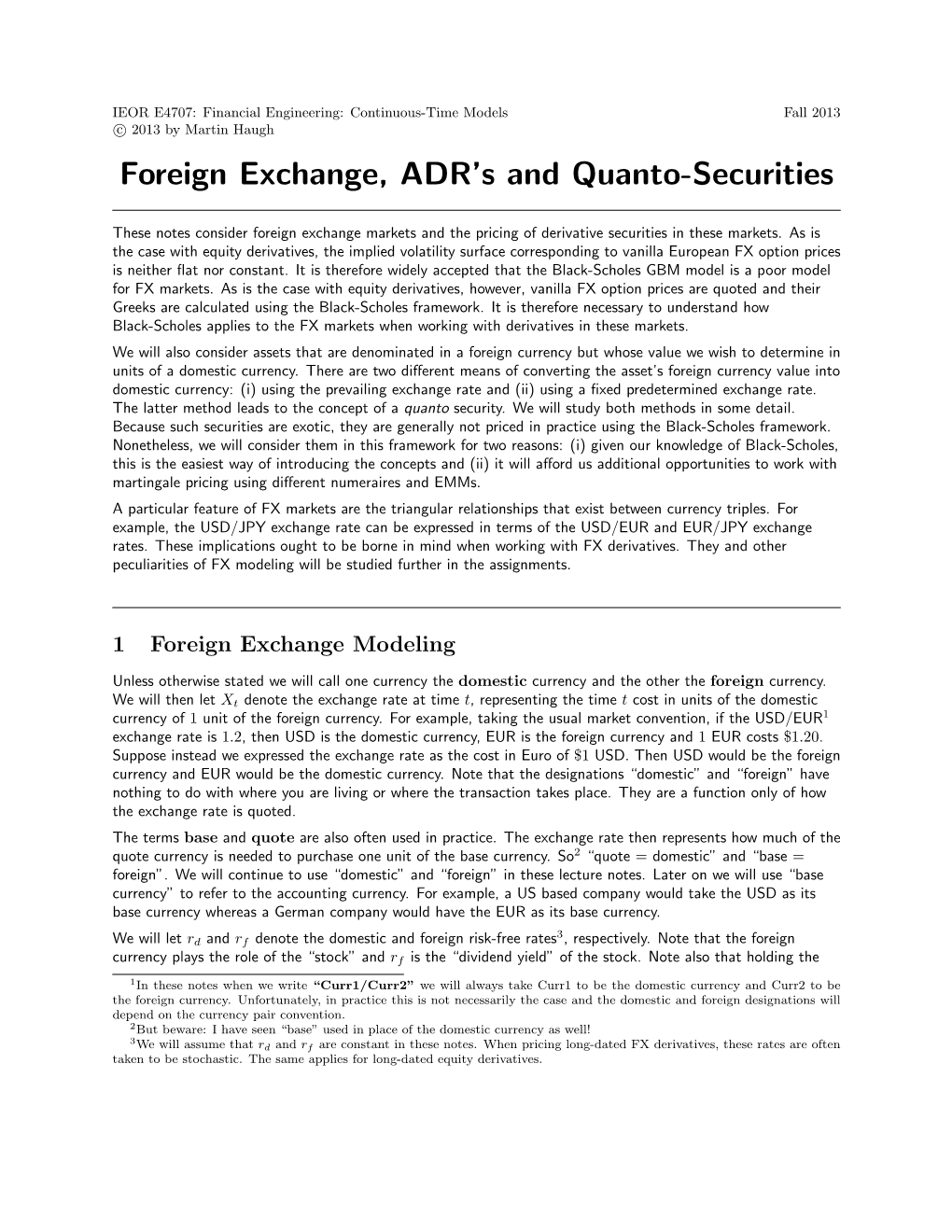 Foreign Exchange, ADR's and Quanto-Securities