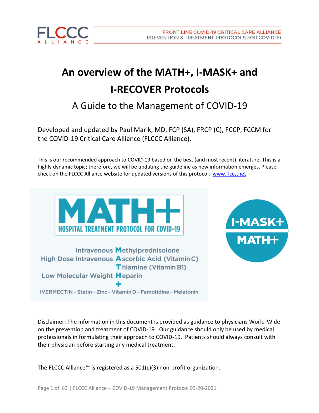 An Overview of the MATH+, I-MASK+ and I-RECOVER Protocols a Guide to the Management of COVID-19