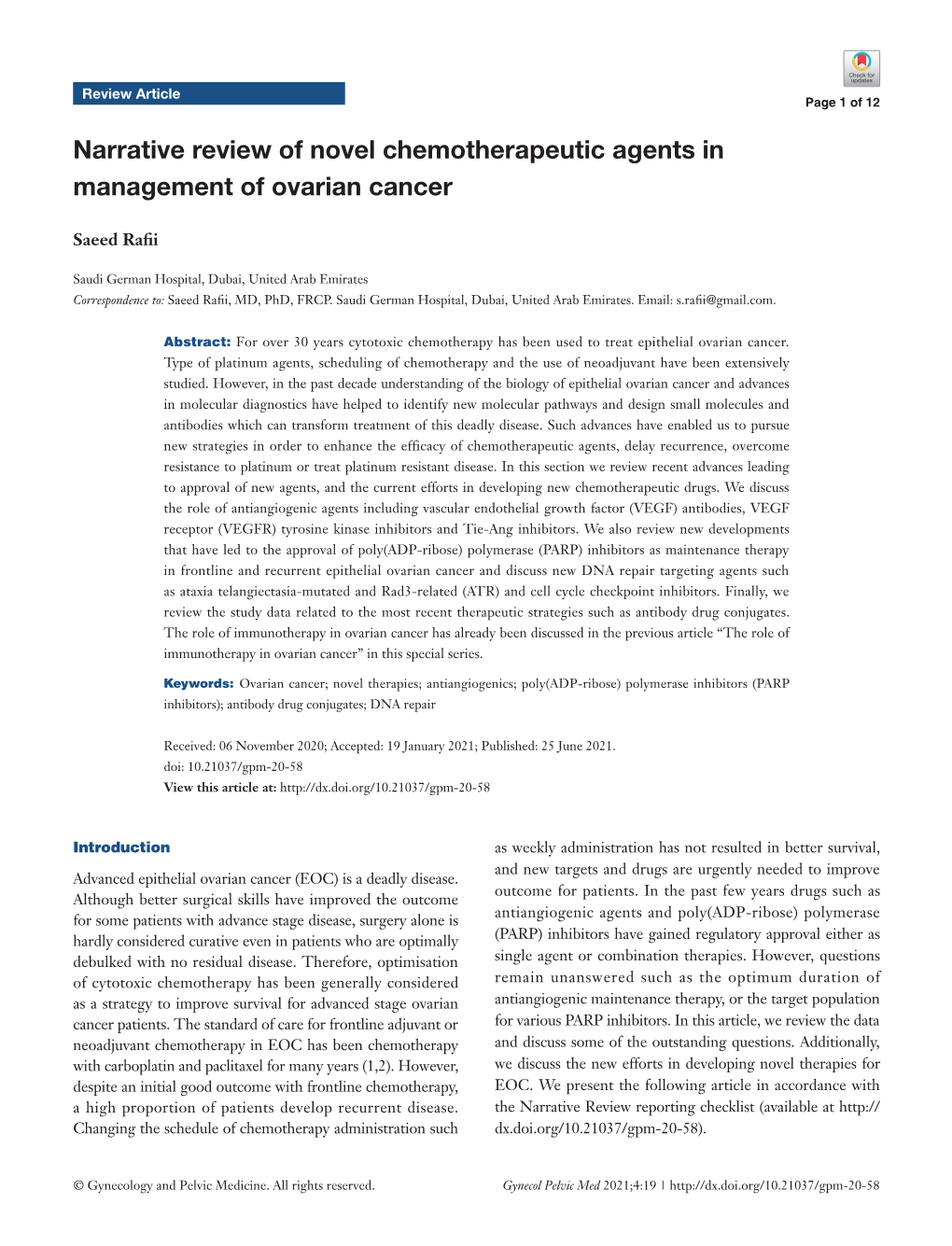 Narrative Review of Novel Chemotherapeutic Agents in Management of Ovarian Cancer