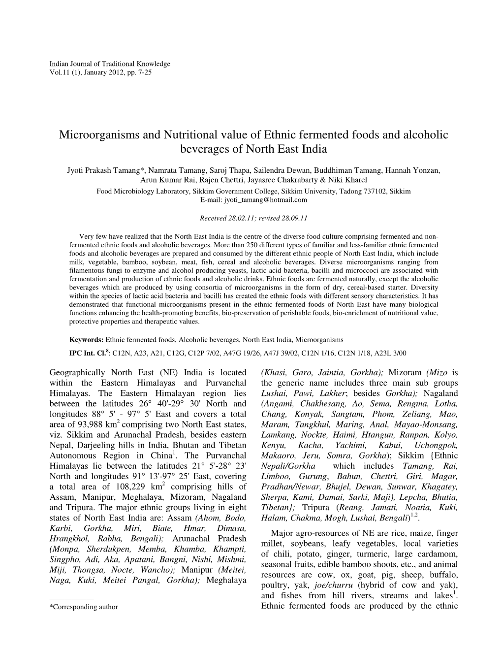 Microorganisms and Nutritional Value of Ethnic Fermented Foods and Alcoholic Beverages of North East India