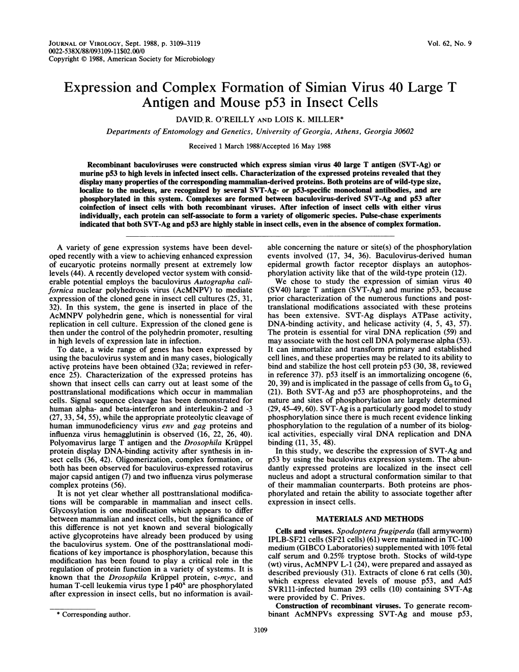 Expression and Complex Formation of Simian Virus 40 Large T Antigen and Mouse P53 in Insect Cells DAVID, R